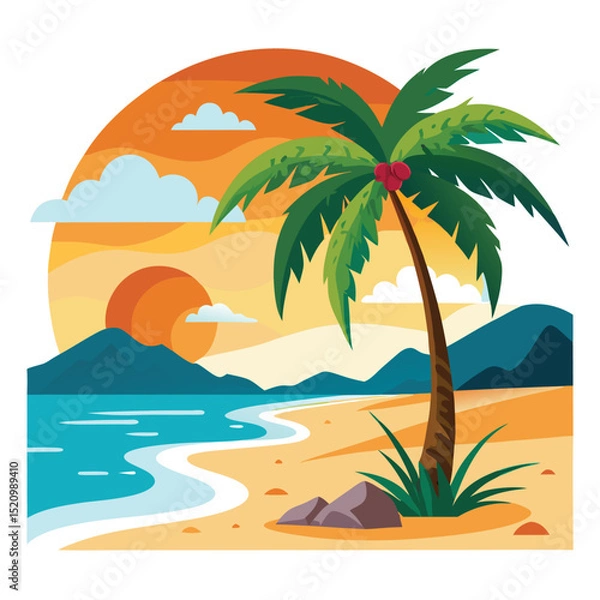 Fototapeta Illustrated Tropical Beach Sunset Landscape with Palm Tree Silhouette and Gentle Waves