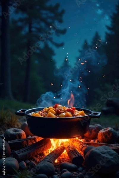 Fototapeta Delicious campfire stew bubbling in a cast iron pot over glowing embers, surrounded by rustic camping gear under a starry night sky , woods, travel