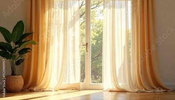 Fototapeta Elegant sheer curtains gently billowing in a soft breeze, filtering sunlight through a large window, creating a warm and inviting atmosphere in a bright, airy room , design, bedroom, serene