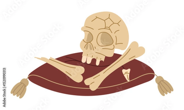 Fototapeta human skull with bones and teeth on red pillow as an exhibition piece in the museum. An archaeological find. Flat color illustration. scientific projects, encyclopedias, museum exhibitions, history