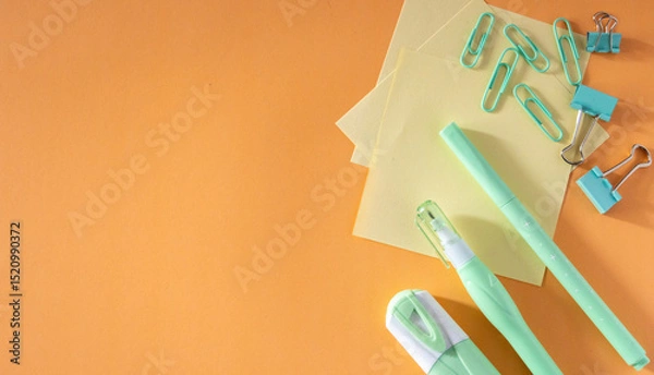 Obraz Top view of cool school materials, such as pencils and markeres arranged on a vibrant background.