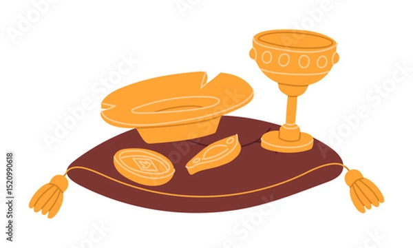 Fototapeta golden objects are Grail chalice, golden dishes and coin on pillow, like museum exhibit. Archaeological find. Flat color illustration. scientific projects, encyclopedias, museum exhibitions, history