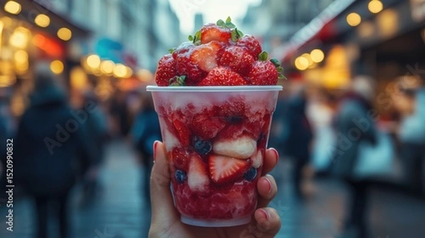 Fototapeta Hand holding of Glass with strawberry dipped in chocolate and pistachio,empty sunday market background,Kunafa Pistachio,dubai chocolate,copy space.