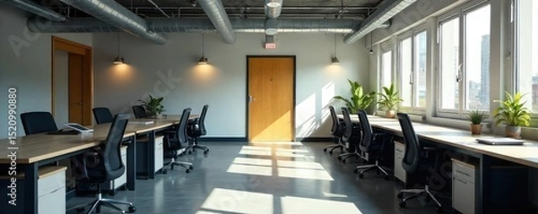 Fototapeta Empty office desks, abandoned workstations, closed doors, signs of a deserted workplace Suggests business closure, economic downturn, or remote work transition , chairs, downturn
