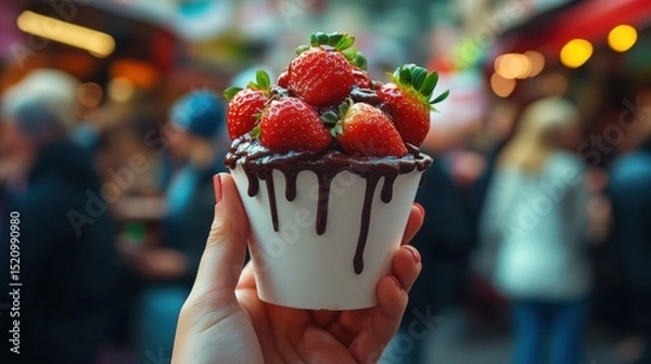Fototapeta Hand holding of Glass with strawberry dipped in chocolate and pistachio,empty sunday market background,Kunafa Pistachio,dubai chocolate,copy space.