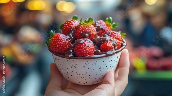 Fototapeta Hand holding of Glass with strawberry dipped in chocolate and pistachio,empty sunday market background,Kunafa Pistachio,dubai chocolate,copy space.