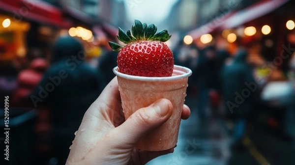 Fototapeta Hand holding of Glass with strawberry dipped in chocolate and pistachio,empty sunday market background,Kunafa Pistachio,dubai chocolate,copy space.