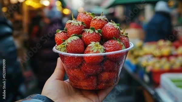 Fototapeta Hand holding of Glass with strawberry dipped in chocolate and pistachio,empty sunday market background,Kunafa Pistachio,dubai chocolate,copy space.