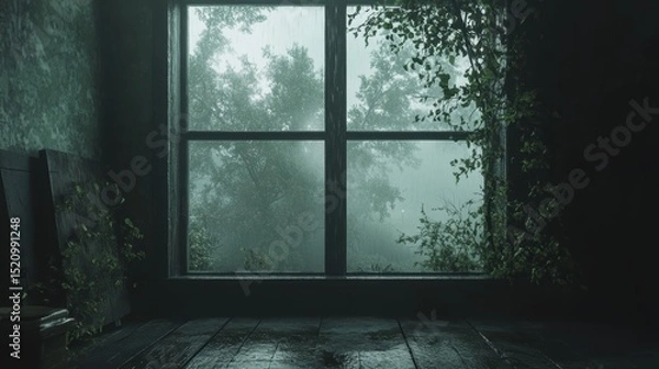 Fototapeta Rain drop on window glass with blur nature tree background,Summer rain,Rain drops on window glass outdoors. Texture of water in heavy rain,Water drop steam,space for text.