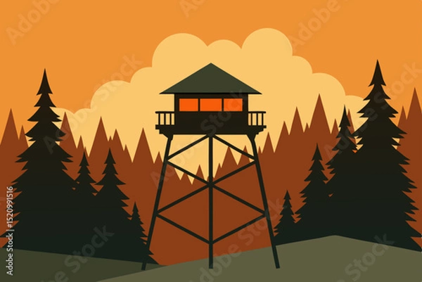 Obraz A lone watch tower overlooks a serene forest house at sunset, blending architecture with nature's vast landscape and water views