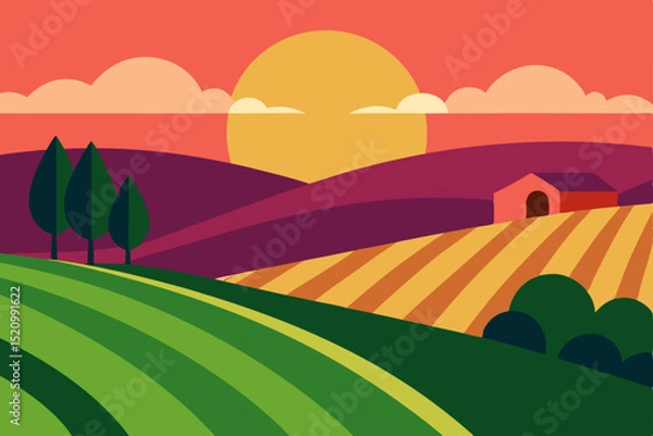 Obraz Green rural landscape with fields and hills under a blue sky, illustrating nature's serene summer scenery with distant mountains