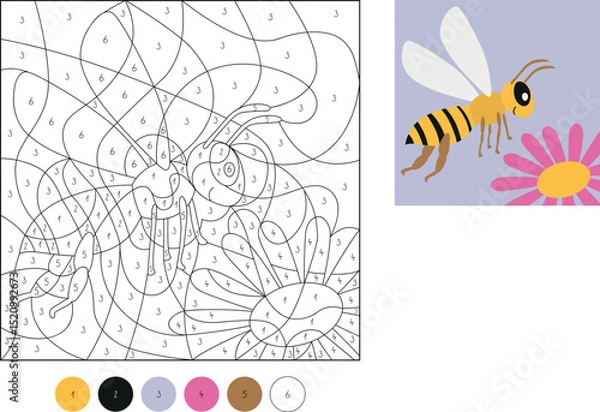 Obraz Color by number, education game for children, Bee, vector