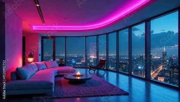 Fototapeta Futuristic loft apartment with sleek minimalist design, panoramic city views at night, and vibrant neon accents High ceilings, open plan, modern architecture , vibrant, chic