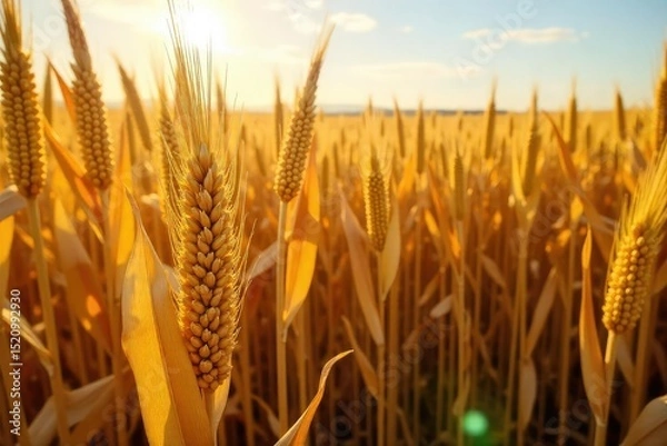 Fototapeta Golden corn stalks stand tall in a harvested field, sunlight illuminating the remaining ears Abundant harvest, autumnal colors, rural landscape, agricultural bounty , outdoor, bounty