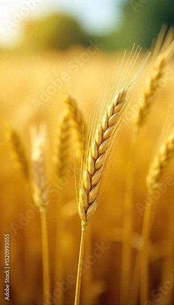 Fototapeta Golden barley stalks sway gently in a summer field, ready for harvest The ripe grains gleam under the sun, promising a bountiful crop Agricultural scene of abundant harvest , rural scene, stem