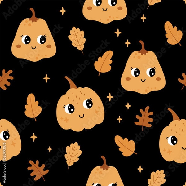 Obraz Fall seamless pattern with cute pumpkin pattern and autumn leaves. Adorable seasonal hand drawn vector pattern in flat style for kids.