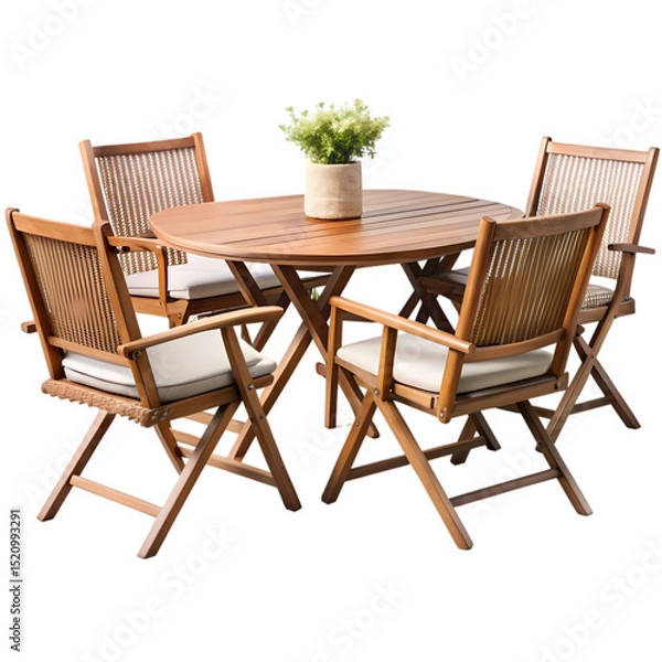 Obraz Elegant Teak Wood Patio Dining Set: 4 Chairs & Round Table