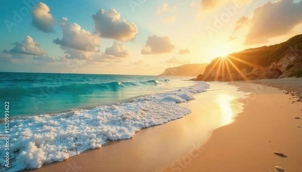 Fototapeta Golden hour sunlight bathes a pristine sandy beach, meeting the turquoise ocean waves on a dramatic coastline Perfect for travel, vacation, and nature themes ?, landscape, getaway, tropical beach