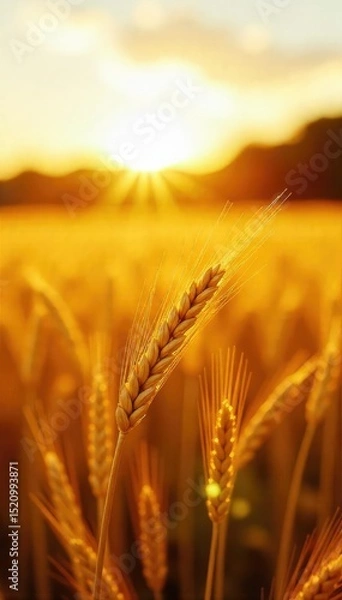 Fototapeta Golden hour sunlight bathes a sun-drenched field of ripe wheat, swaying gently in the warm summer breeze A quintessential image of summer's bounty and abundance , warmth, sunlight