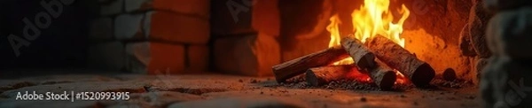 Fototapeta Crackling firewood flames dance in a cozy fireplace, casting warm, inviting light and shadows on the surrounding stone Perfect for autumn, winter, and holiday themes , stone, fire