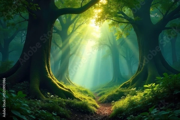 Fototapeta Deep in a wild forest, sunlight filters through a dense canopy, illuminating the lush undergrowth and ancient trees A sense of untamed nature permeates the scene , trail, botanical