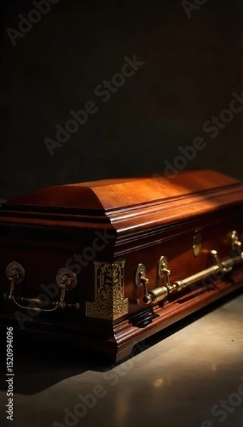 Fototapeta Elegant mahogany casket with brass accents, closed, ready for a respectful final farewell Subtle lighting highlights the fine craftsmanship and luxurious details , bereavement, burial