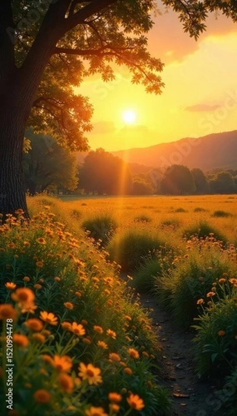 Fototapeta Golden hour sunlight bathes a tranquil landscape in warm, vibrant hues Perfect for summer, vacation, and nature themes Capture the essence of long, sunny days , relaxing, sun