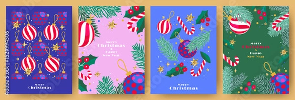 Obraz Merry Christmas and Happy New Year Set of greeting cards, posters, holiday covers. Modern Xmas design in blue, green, red, yellow and pink colors. Christmas tree, balls, fir branches, gifts elements