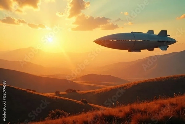 Fototapeta Futuristic airship gracefully floating above vast, rolling fields, bathed in golden sunlight The scene evokes a sense of serene exploration and technological advancement , meadow, blimp