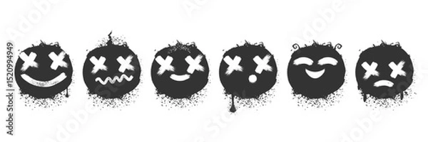 Fototapeta Spray paint graffiti element set of grunge Smile face with grungy texture. Grunge aesthetic ink graphic symbols of happy, sad, smiling, astonishment isolated on white background for printing on tee