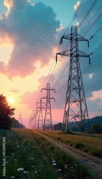 Fototapeta High-voltage power lines converge on a large industrial antenna array, transmitting energy wirelessly A futuristic scene of clean energy transmission , sky, engineering, futuristic