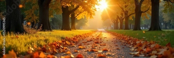 Fototapeta Golden hour sunlight bathes fallen leaves on a park path, signifying the transition from summer to autumn A sense of calm and peaceful change is evident , nature, tones
