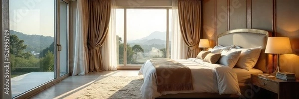 Fototapeta Luxurious bedroom with plush bedding, elegant drapes, and a stunning view from the large window The room is bathed in soft, natural light , peaceful, sunlight