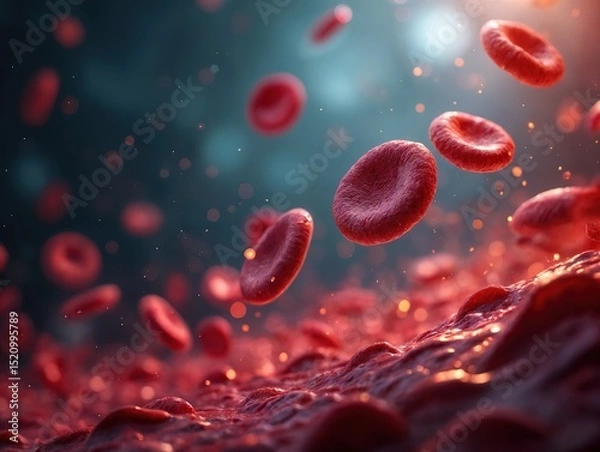 Fototapeta Dramatic, high-detail micro photo: red blood cells flow in bloodstream. Captures blood's life-sustaining role; ideal for healthcare, medicine, donation themes. Poster for World Blood Donor day