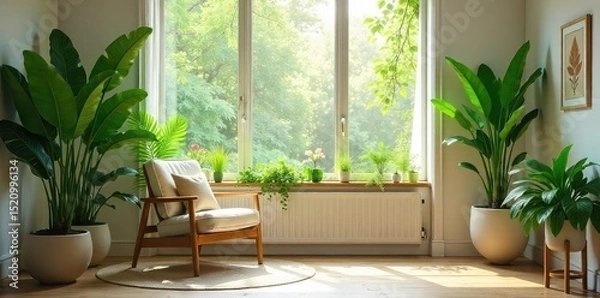 Fototapeta Lush green foliage fills a bright, sunlit interior space, creating a vibrant and natural atmosphere Perfect for home decor, wellness, and nature-themed projects , pattern, window, botanical