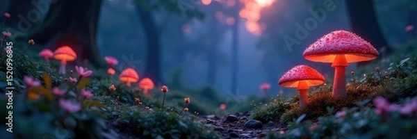 Fototapeta Mystical garden scene at twilight, glowing flora, whimsical mushrooms, sparkling dew drops on leaves, magical atmosphere Perfect for fantasy, fairytale, and magical realism themes , fantasy, sprites