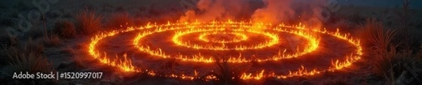Fototapeta Intense fiery circles consuming dry grass, creating a mesmerizing pattern of burning rings in a field The flames lick upwards, leaving behind trails of ash , autumn, background, flames