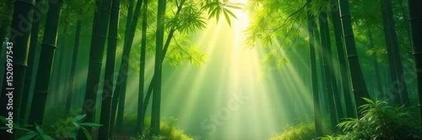 Fototapeta Serene bamboo forest bathed in morning sunlight, mist clinging to the leaves, creating a tranquil and peaceful atmosphere Perfect for meditation, zen, or nature themes , japanese, botanical