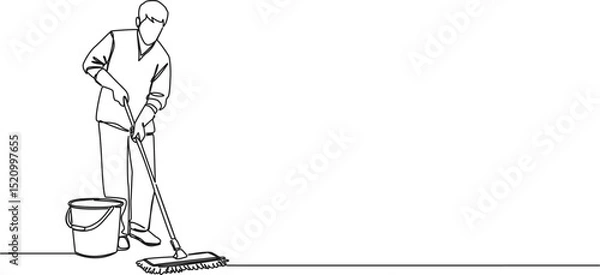 Obraz continuous single line drawing of janitor wiping floor with a mop, line art vector illustration