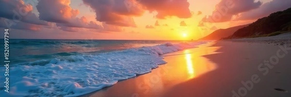 Fototapeta Serene beach scene at sunset, tranquil waves lapping the shore, conveying ultimate relaxation and peace Perfect for meditation, mindfulness, and wellness themes , golden hour, sun