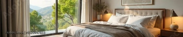 Fototapeta Serene bedroom interior, perfect for restful sleep Soft lighting, plush bedding, and calming decor create a tranquil atmosphere conducive to relaxation and peaceful slumber , restful, luxury