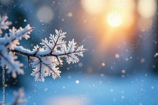 Fototapeta Intricate snowflakes delicately clinging to a frosty winter branch, glistening under the soft light of a winter sun A beautiful winter wonderland scene , holiday season, ice