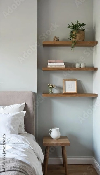 Fototapeta Serene bedroom wall featuring soft grey paint, minimalist floating shelves, and a subtle textured wallpaper accent Perfect for interior design inspiration and home d?cor blogs , wall decor, texture