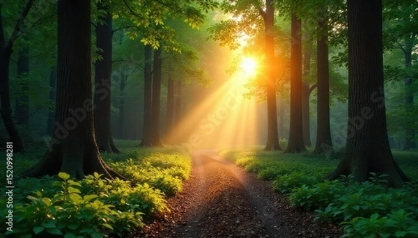 Fototapeta Serene forest scene at dawn, sun rays filtering through leaves illuminating a tranquil path Perfect for nature, travel, and wellness themes , greenery, forest, scenery