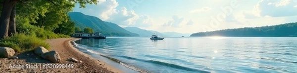 Fototapeta Serene lakeside view, perfect for a relaxing afternoon Gentle waves lap the shore, under a tranquil sky Ideal for escaping the everyday stress , serenity, waterfront, mindfulness