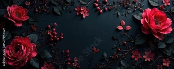 Fototapeta Intricate dark floral wallpaper with dramatic shadows creates a gothic, mysterious ambiance perfect for interior design inspiration Elegant, moody, and sophisticated , luxury, deep, leaves