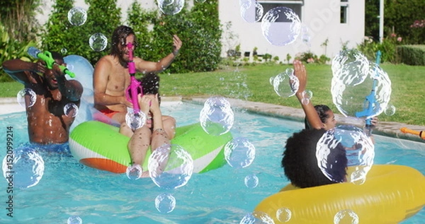 Obraz Image of bubbles over happy diverse friends having fun in swimming pool