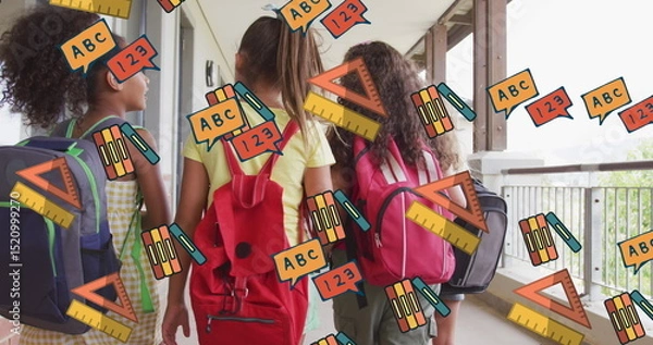 Fototapeta Image of school items icons over diverse schoolchildren