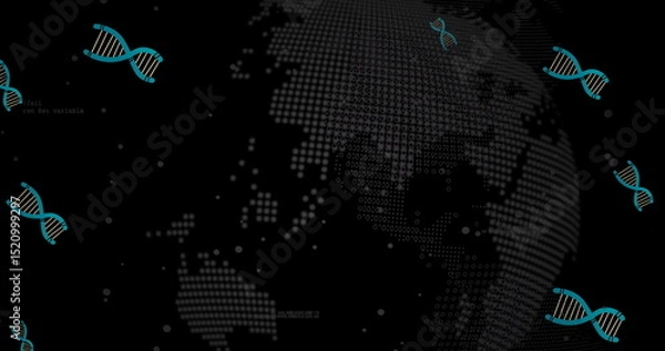 Obraz Image of falling dna strands and globe over black background