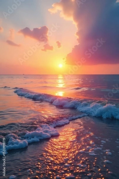 Fototapeta Serene sunrise over tranquil water, gentle waves lapping the shore, peaceful sky painted with soft oranges and pinks Perfect for relaxation and wellness themes , sunset, relaxing